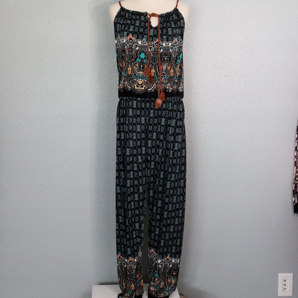 Boho Jumpsuit with Leather Straps and Embellishments Size L/XL - Picture 3 of 11